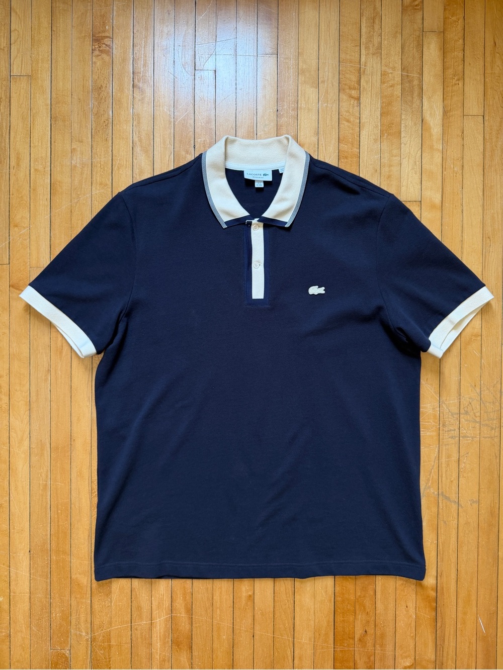 Lacoste Regular Fit Contrasting Cream Navy Accents Piqué Men’s Polo Sz. XXL (7)